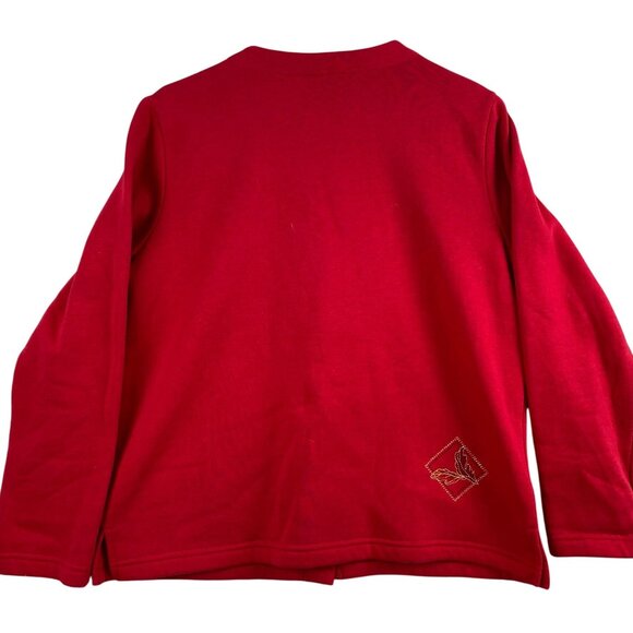 Breckenridge Womans Cardigan Sweater PM Petite Red Embroidered Patchwork Holiday - Picture 2 of 12